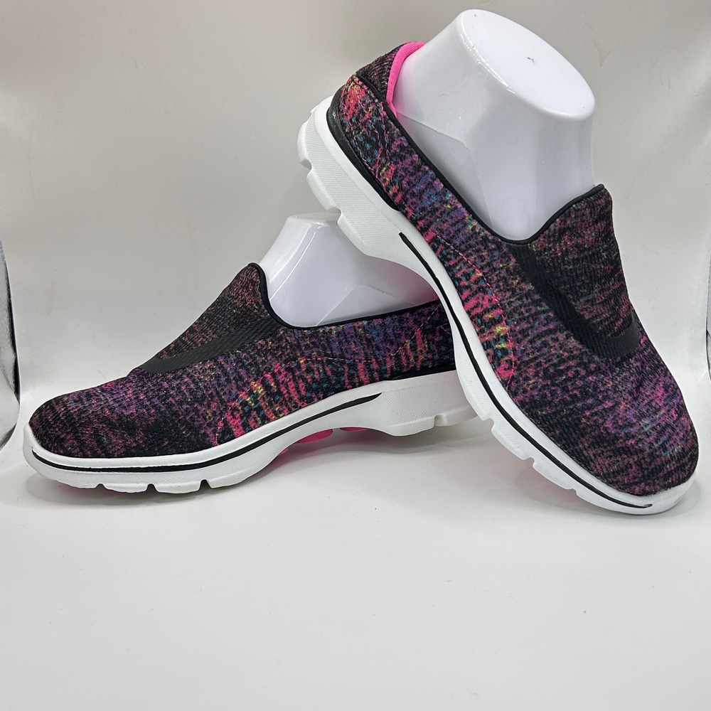 Skechers Women’s Slip-On Knit Sneakers in Black with Pink Accents